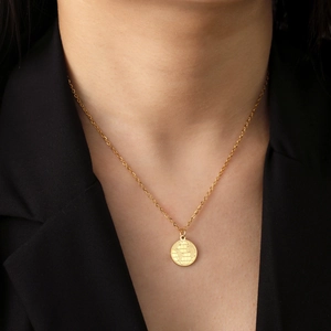 Gold round world map pendant necklace for men and women on a minimalist link chain