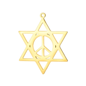 Polished gold stainless steel Star of David and Peace sign charm pendant with top ring