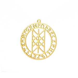 Gouden roestvrijstalen ronde hanger met gegraveerde runen en geometrisch uitgesneden patroon