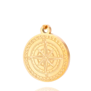 Poliertes Gold-Edelstahl-Kompass-Anhänger mit nautischem Stern und gravierten Symbolen