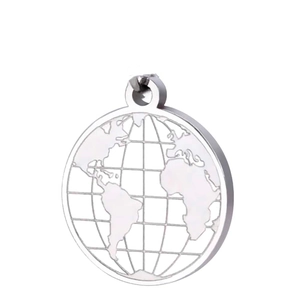 Minimalist hollow globe pendant in silver stainless steel with world map cutout design