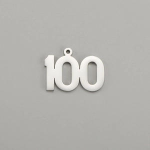 Close-up of polished stainless steel number 100 charm pendant with round hanging loop