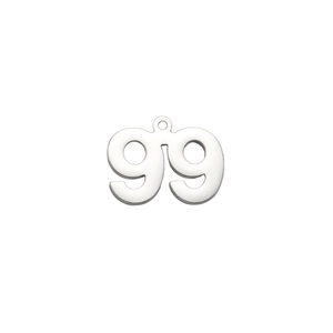 Detailed macro view of silver stainless steel number 99 pendant with top hanging loop