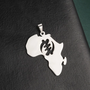 Silver stainless steel Africa map pendant with hollow Gye Nyame symbol on black leather
