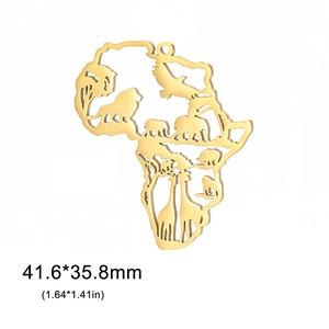 Detailed close-up of hollow Africa map pendant with animal silhouettes in gold finish