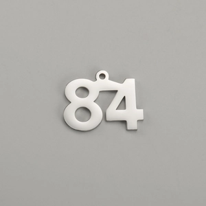 Polished silver stainless steel number 84 pendant with small hanging hole for DIY jewelry