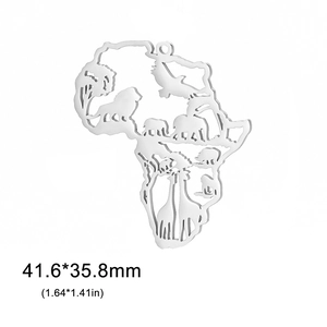 Detail of 41.6x35.8mm silver stainless steel Africa map pendant with hollow animal motifs
