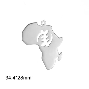Polished silver Africa map pendant with Adinkra Gye Nyame cutout detail measuring 34x28mm