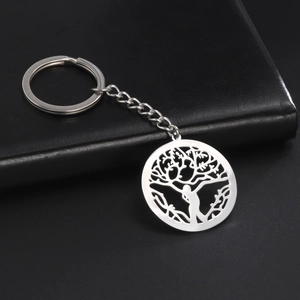 Polished stainless steel keychain with vintage circular hollow tree of life pendant design