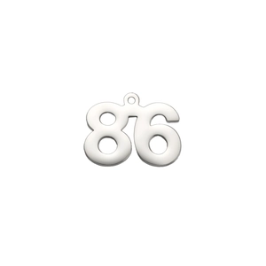 Detailed view of silver number 86 pendant with smooth metallic finish for DIY jewelry