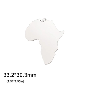 Detailed view of polished stainless steel Africa map pendant with dimensions 33.2x39.3mm