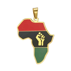 Detailed view of the gold African map pendant with red, black, and green enamel colors