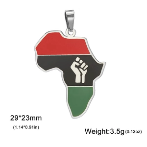 Detail of African map pendant featuring red, black, green enamel and raised fist symbol