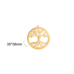 Macro detail of 35x38mm gold stainless steel Tree of Life openwork pendant