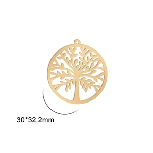 Detailed macro view of a 30mm golden stainless steel hollow Tree of Life pendant charm