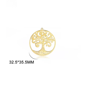 Macro detail of a 32.5x35.5mm golden tree of life hollow round charm pendant
