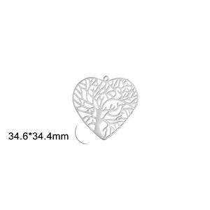 Detailed heart-shaped tree of life pendant in silver finish measuring 34.6 by 34.4mm