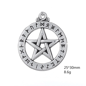 Macro detail of vintage silver Solomon amulet pendant with rune engravings and size specs