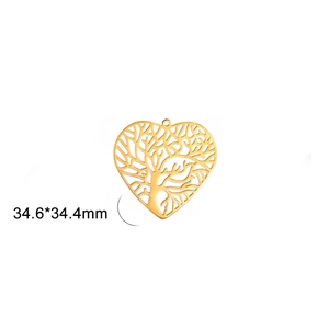 Detailed view of a golden tree of life heart pendant measuring 34.6x34.4mm in size