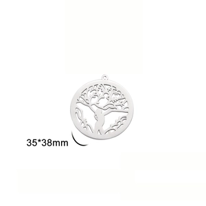 Macro detail of silver tree of life pendant with dimensions 35x38mm on white background