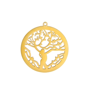 Detailed macro view of golden stainless steel tree of life circular pendant with human body