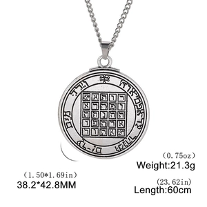 Detail view of Solomon seal pentacle pendant with measurements and product specifications