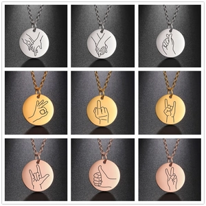 Personalized Stainless Steel Round Pendant Necklace Laser Engraved Gesture Heart OK Sign Hand Jewelry Gift For Couples