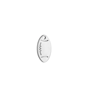 Detailed macro view of silver rugby football charm pendant with textured seam patterns