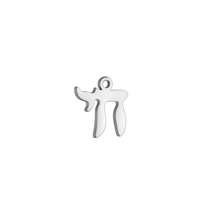 Detailed macro view of silver polished stainless steel Hebrew Chai life symbol pendant charm