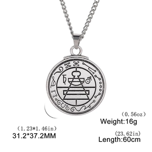 Detail view of pentagram pendant showing 31x37mm size and 60cm stainless steel chain
