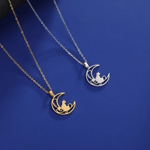 Pendente gatto luna in acciaio inossidabile placcato oro 18K e argento con catena O