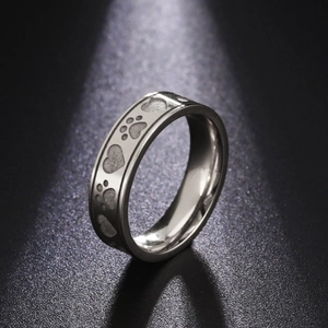 6mm stainless steel heart and cat paw print ring with sandblasted silver finish