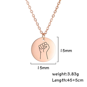 Rose gold stainless steel round necklace with fist engraving and 15mm pendant detail