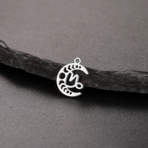 Macro shot of silver stainless steel crescent moon pendant with Capricorn zodiac cutout