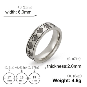 6mm stainless steel heart and paw print ring with detailed size and weight specs