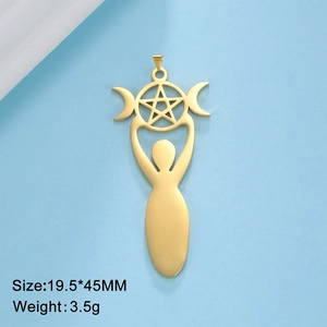 Detail of 18K gold-plated Triple Moon Goddess pendant showing size 19.5x45MM and 3.5g weight