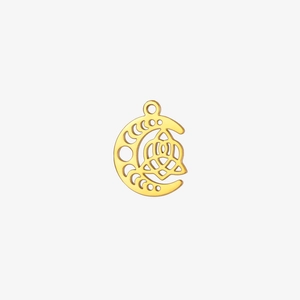 Close-up of gold moon celtic knot charm with hollow triquetra detail for jewelry making