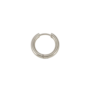 Macro shot of silver stainless steel narrow hoop earring with a hinged clasp closure