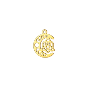 Detailed view of 18K gold crescent moon pendant with intricate Celtic knot engraving