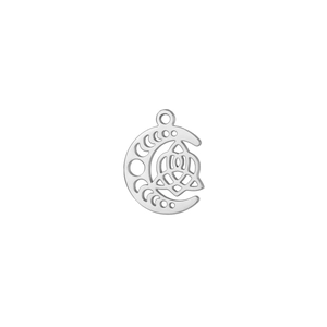 Detailed view of silver crescent moon pendant with hollow Triquetra celtic knot charm