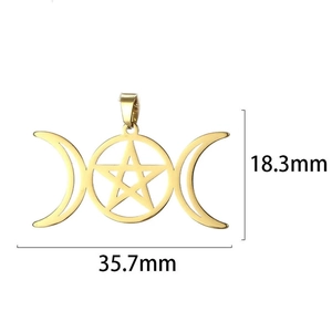 18K gold plated Triple Moon Goddess pendant with pentagram, dimensions 18.3mm by 35.7mm