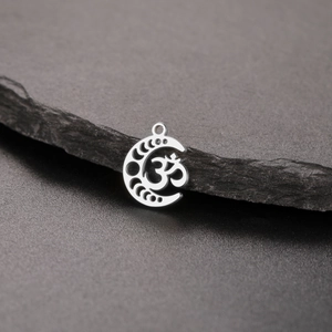 Silver stainless steel moon phase pendant with hollow Om yoga symbol on stone