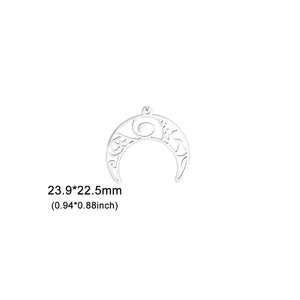 Detail view of crescent moon pendant with hollow engraving and precise dimensions