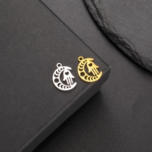 Vintage stainless steel moon phase and heart hamsa hand pendant charms in gold and silver