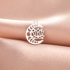 Minimalist silver lotus and moon phase pendant in stainless steel for jewelry making