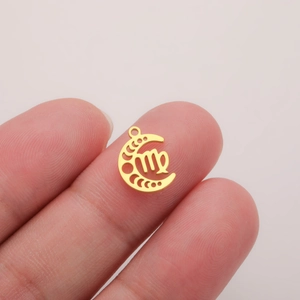 Detail of 18K gold-plated stainless steel crescent moon pendant with Virgo zodiac symbol