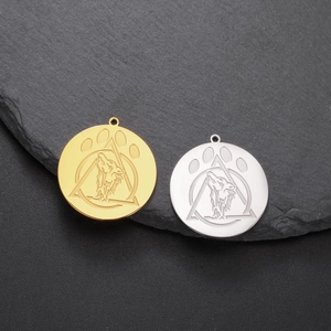 Gold and silver stainless steel wolf head pendants with geometric laser engraving