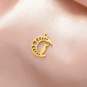 Golden stainless steel crescent moon pendant with cat silhouette on pink silk