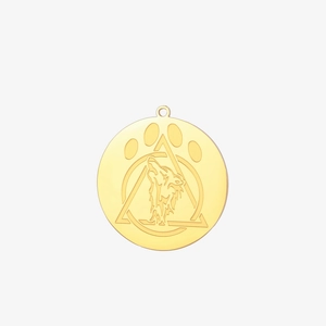 Detailed view of golden stainless steel wolf head pendant with geometric patterns