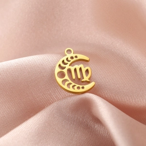 Detail of 18K gold-plated stainless steel crescent moon pendant with Virgo zodiac symbol